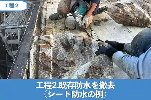 工程2.既存防水を撤去（シート防水の例