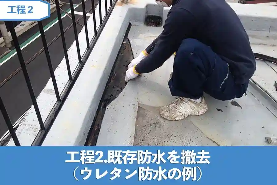 工程2.既存防水を撤去（ウレタン防水の例）
